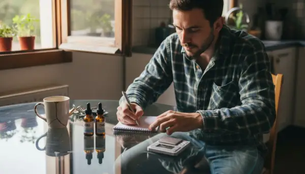 Person logging CBD and THC doses at kitchen table. How to Combine CBD and THC for Optimal Effects in 2026 with Edwin's Edibles & Elixirs.