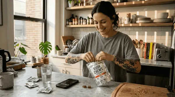 Woman opening cannabis edibles packaging in kitchen. What is Fast-Acting Onset in Cannabis Edibles with Edwin's Edibles & Elixirs.
