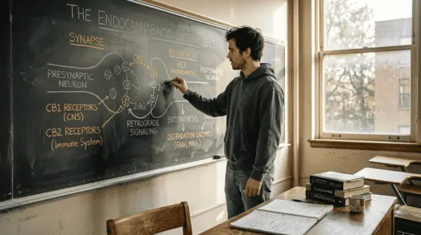 Medical student drawing endocannabinoid system diagram. Difference Between CBD and THC: The 2026 Essential Guide with Edwin's Edibles & Elixirs.