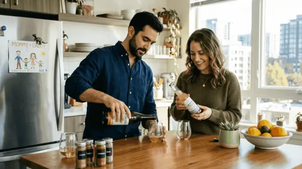Couple sampling premium cannabis beverages at kitchen island. Premium Cannabis Infused Beverages: Top Examples in 2026 with Edwin's Edibles & Elixirs.