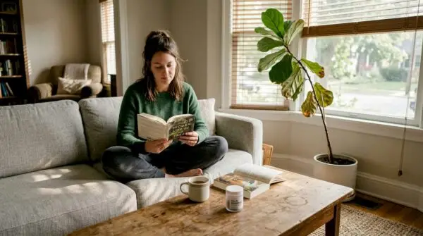 Woman relaxing with edibles in sunlit living room. Build a Wellness Routine with Edibles for Relaxation with Edwin's Edibles & Elixirs.