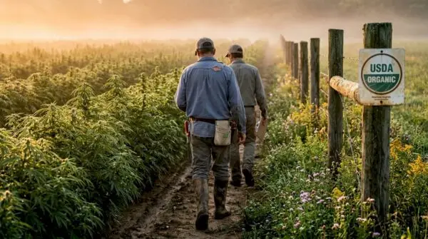 Workers inspecting hemp plants at sunrise. What is Certified Organic CBD? A 2026 wellness guide with Edwin's Edibles & Elixirs.
