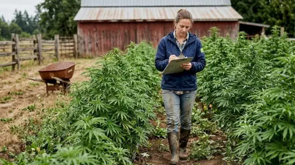 Inspector recording notes in organic hemp field. What is Organic Hemp? A Guide for Health-Conscious Users with Edwin's Edibles & Elixirs.