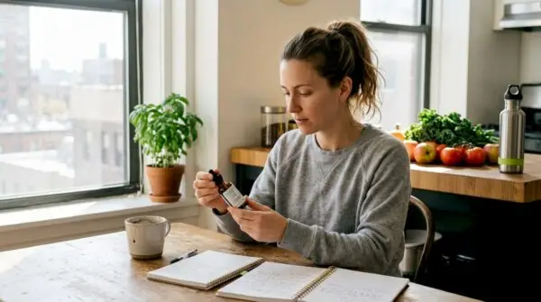 Woman reading organic CBD bottle at kitchen table. Why Organic CBD Matters For Wellness And Safety In 2026 with Edwin's Edibles & Elixirs.