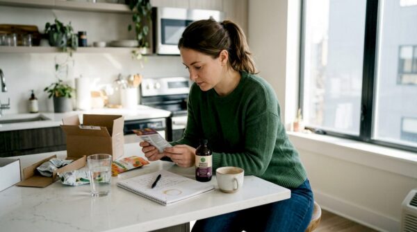 Woman reading cannabis edible packaging labels