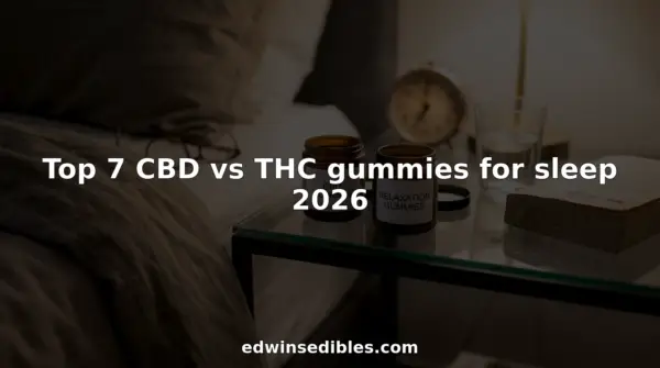CBD and THC gummies on bedroom nightstand. Top 7 CBD vs THC Gummies for Sleep 2026 with Edwin's Edibles & Elixirs.