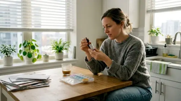 Woman reading CBD bottle in kitchen. Why Organic CBD Matters: Safety, Science and Wellness with Edwin's Edibles & Elixirs.