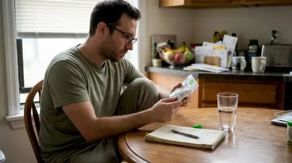 Man reading THC edibles label at kitchen table. 5 Safety Tips for Fast-Acting THC Edibles: Dose Right with Edwin's Edibles & Elixirs.