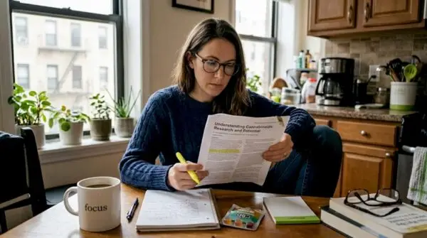 Woman researching THC and CBD effects. How to Layer THC and CBD: Maximize Benefits, Minimize Side Effects with Edwin's Edibles & Elixirs.