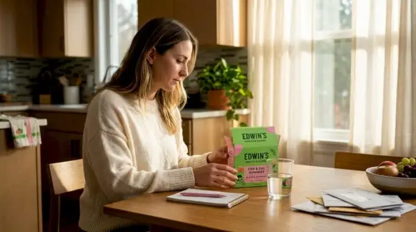 Woman looking at CBD and THC edibles at kitchen table. Discover the Top Edible Wellness Benefits of THC and CBD with Edwin's Edibles & Elixirs.