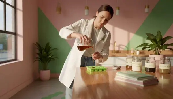 Scientist pouring gummy mixture into molds. Small-Batch Gummies: Unlock Quality and Fuller Effects with Edwin's Edibles & Elixirs.