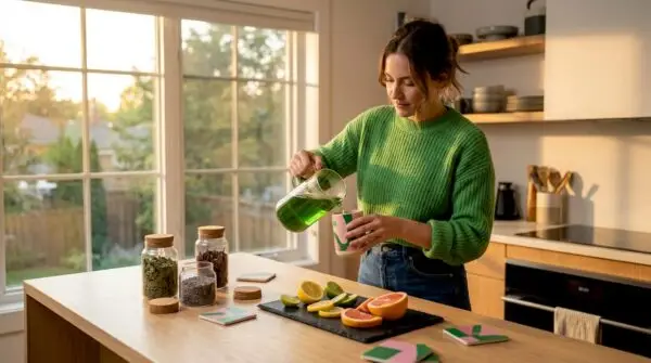 Woman pouring herbal infused beverage in kitchen. Discover the Real benefits of Infused Beverages with Edwin's Edibles & Elixirs.