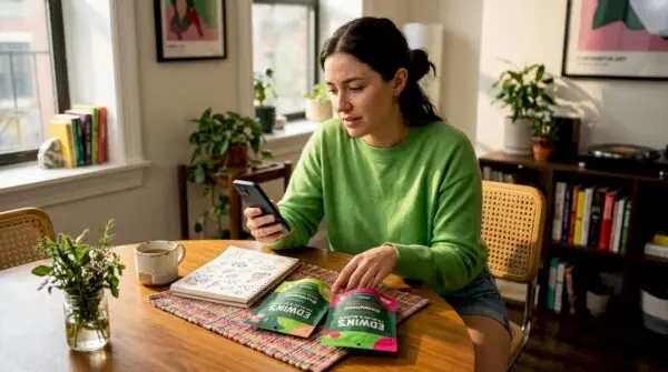 Woman compares cannabis edible strains at kitchen table. How Strain Affects Effects: Your Delta 9 THC Guide with Edwin's Edibles & Elixirs.