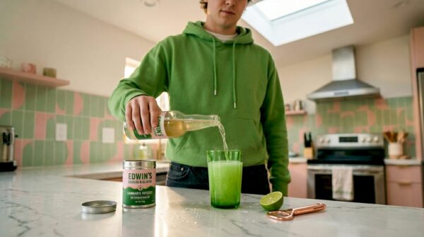 Pouring cannabis-infused soda at kitchen counter. What Are Infused Sodas? Your Cannabis Drink Guide with Edwin's Edibles & Elixirs.