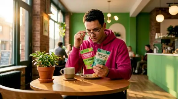 Man comparing THC and CBD edible packages in kitchen. How to Pick Edible Effects: THC and CBD Guide with Edwin's Edibles & Elixirs.