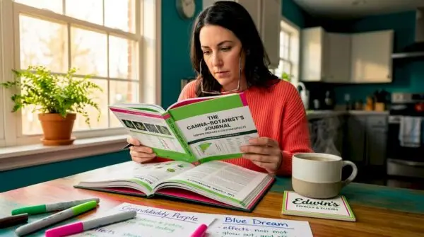 Woman studying cannabis strain guide in bright kitchen. Your Guide to Cannabis Strains: Effects, Types and How to Choose with Edwin's Edibles & Elixirs.
