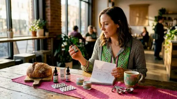 Person reviewing CBD dosage at home kitchen table. CBD Dosage Explained: Your Beginner's Guide to Dosing with Edwin's Edibles & Elixirs.