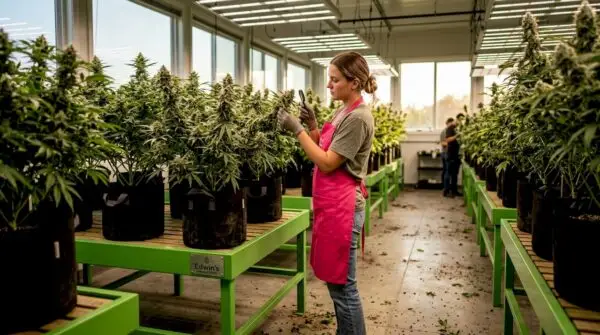 Cultivator inspecting cannabis plants indoors