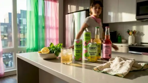 Assorted vegan THC drinks on kitchen counter. Top Vegan THC Drinks: Best Picks for 2026 with Edwin's Edibles & Elixirs