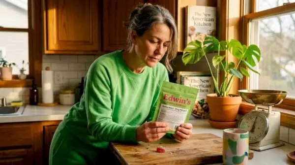 Person reading THC edible label in kitchen. How to Read Edible Potency for Safe Dosing with Edwin's Edibles & Elixirs.