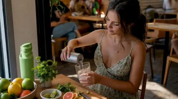 Woman preparing functional THC drink at kitchen counter. Examples of Functional THC Drinks for Every Effect with Edwin's Edibles & Elixirs.