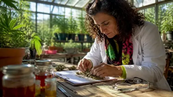 Researcher examining cannabinoid plant samples in lab. Why Cannabinoids Are Important for Health and Wellness with Edwin's Edibles & Elixirs.