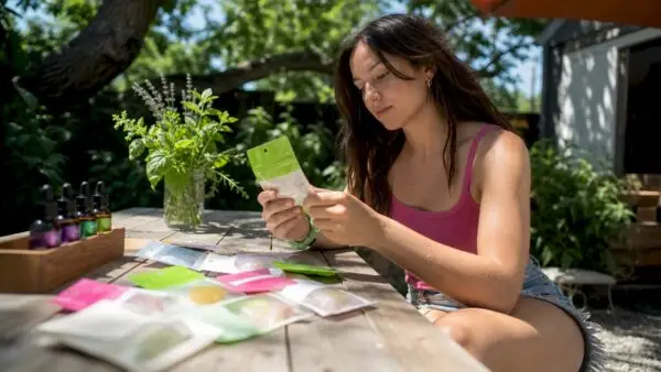 Woman reviewing cannabis edible products in kitchen. Step by Step Edible Shopping for Beginners with Edwin's Edibles & Elixirs.