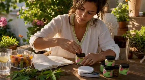 Woman labeling cannabis edible containers in kitchen. What Is Edible Shelf Life? Storage Guide for 2026 with Edwin's Edibles & Elixirs.